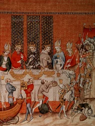 Fr 2813 f.473 Bankettszene, aus den Grandes Chroniques de France, 1375-79