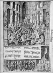 Fr 5594 fol.19 Wie Papst Urban II. (1042-99) die Rückeroberung der Grabeskirche auf dem Konzil von Clermont-Ferrand predigte, Illustration aus Les Passages d