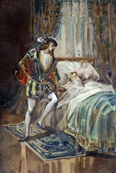 Franz I., König von Frankreich, empfängt die letzten Atemzüge von Leonardo da Vinci in Clos Lucé. Chromolithographie um 1890.