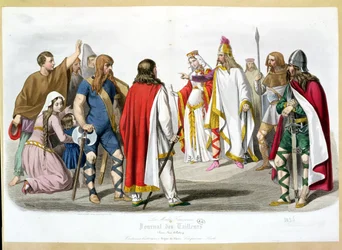 Fränkische und merowingische Kostüme, historische Modeplatte aus Les Modes Francaises - Journal des Tailleurs, 1836