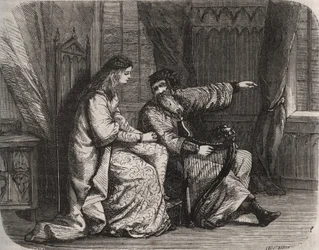 Fredegonde (545-597) vertraut dem Harfenspieler Barbantini ihre Sorgen an, weil ihr Liebhaber Chilperic (dann König der Franken Chilperic I. (543-597)) sie nicht heiratete. 565. Gravur von 1871 in „Histoire Des Cocuses Celebres“ von Henry de Kock