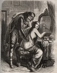 Fredegonde (545-597) nimmt ihren Ehemann, König der Franken Chilperic I. (543-597), für ihren Liebhaber, Landeric. Der König entdeckt, dass seine Frau ihn betrügt. Gravur von 1871 in „Histoire Des Cocuses Celebres“ von Henry de Kock (1819-1892)