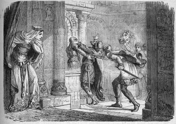 Fredegunde (ca. 545-597), Königin von Neustrien, ließ Chilperich I. (539-584) im Jahr 584 ermorden. Stich in „Die Geschichte der Prostitution und Ausschweifung bei allen Völkern der Welt von der Antike bis zur Gegenwart“ von Dr. Th.-F. Debray. 1879.