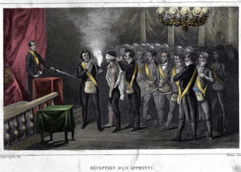 Freimaurerei: Initiation und Aufnahme eines Lehrlings. Stich aus „Histoire pittoresque de la Franc-Maçonnerie et des Sociétés Secrètes anciennes et modernes“ von F.-T. B. Clavel. Pagnerre, Herausgeber. 1843.