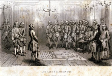 Freimaurerei: geheimes Treffen in einer Loge in Paris im Jahr 1740. Gravur aus „Picturesque Histoire de la Franc Maconnerie et des Societes Secretes ancienne et modernes“ von F.-T. B. Clavel. Pagnerre, Herausgeber. 1843.