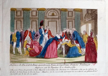 Französische Revolution: „Audienz Ludwigs XVI. und Marie Antoinettes am 15.11.1789 für die Witwe von François Boulanger, der am 21.10.1789 von der Volksmenge massakriert wurde“ Kupferstich aus dem 18. Jahrhundert. Paris, Bibliothèque de l