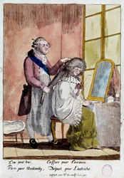 Französische Revolution: Karikatur über die Flucht der königlichen Familie nach Varennes am 20. und 21.06.1791: König Ludwig XVI. frisiert Königin Marie Antoinette, die mit dem falschen Pass der Gouvernante der Kinder der Baronin von Korff abreisen sollte.