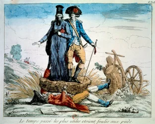 Französische Revolution: Karikatur über die drei Stände: „Die Zeit vergeht, die Nützlichsten wurden mit Füßen getreten.“ Der Klerus und der bewaffnete Adel erdrücken den Dritten Stand unter der Last von Steuern und Frondiensten. 1789, Paris, Musée