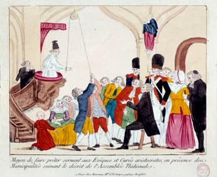 Französische Revolution: „Mittel zur Ablegung des Eides gegenüber aristokratischen Bischöfen und Pfarrern in Anwesenheit von Gemeinden nach dem Dekret der Nationalversammlung“. Ein Flaschenzug wird verwendet, um ihren Arm zu heben. Populärer Druck des 18. 