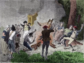 Französische Revolution: „Das Volk verbrannte Claude Chappes Telegraphen im Park von Saint-Fargeau in Menilamount im September 1792, da es glaubte, es sei ein Gerät, um mit der königlichen Familie zu kommunizieren, die im Gefängnis des Tempels eingesperrt 