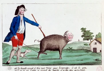 Französische Revolution: Karikatur, die einen Revolutionär zeigt, der Ludwig XVI. wieder in die Gestalt eines Schweins des Marsches bringt und nicht weiß, was er damit anfangen soll. 1792. Anonyme kolorierte Radierung, 14 x 22,8, Paris, Musée Carnavalet