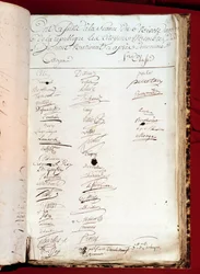 Französische Revolution: Blatt eines Anwesenheitsregisters vom 26/12/1797 (6. Nivôse Jahr VI) mit den Unterschriften von Personen, die an einem Nationalinstitut teilnahmen. Paris, Akademie der Wissenschaften