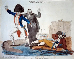 Französische Revolution: das Erwachen des Dritten Standes. Karikatur über die drei Stände. Er befreite sich unter den erschrockenen Augen der Armee und der Geistlichen von seinen Ketten. Französischer Druck von 1789. Paris, B.N.
