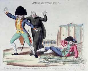 Französische Revolution: das Erwachen des Dritten Standes (Dritter Stand). Karikatur über die drei Stände. Er befreit sich von seinen Ketten unter den erschrockenen Augen der Armee und der Geistlichen. Französischer Druck von 1789. Paris, B.N.