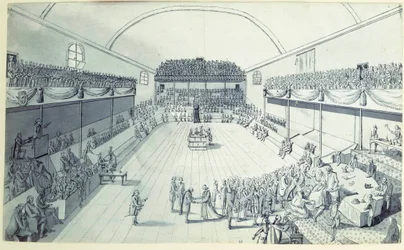 Französische Revolution: die Geburt der Verfassung im September 1791 verfasst von Guy Jean-Baptiste Target (1733-1807) im Raum des Jeu de Paume in Versailles, wo die Abgeordneten am 20.06.1789 einen Eid abgelegt hatten. Anonyme Zeichnung um 1791. Paris, Lo