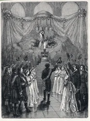 Französische Revolution: Die Göttin der Vernunft in der Kathedrale Notre Dame in Paris während einer Feier zu Ehren der Zerstörung des Fanatismus am 10. November
