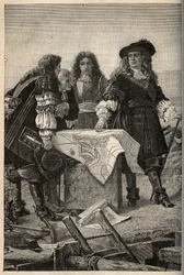 Der französische Architekt Vauban entwirft die Pläne für die Befestigungen von Belfort (Ostfrankreich) auf Wunsch von Ludwig XIV. im Jahr 1687 - Sebastien Le Prestre de Vauban gibt die Pläne der Befestigungen von Belfort - Gravur in „PATRIE“ - DESCRIPTION 