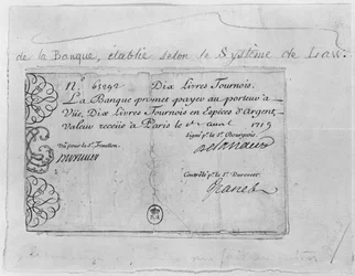 Französischer Geldschein über zehn Pfund von der Law Bank, datiert 1. April 1719