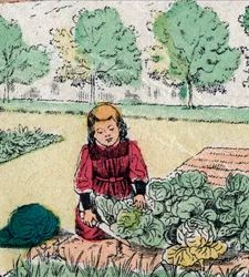 Französischer Glaube: Ein kleines Mädchen, das glaubt, dass Babys in Kohl oder Rosen geboren werden, schneidet die Sprossen eines Gemüsegartens - Epinal-Bild - 19. Jahrhundert