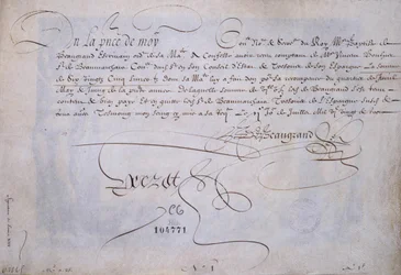 Französische Kalligraphie: Quittung zugunsten von Bernard de Beaugrand ausgestellt am 2. Juli 1623. Historische Bibliothek der Stadt Paris.
