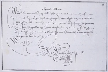 Französische Kalligraphie: Technographie, „Beispiel einer Minute“ von Guillaume Le Gangneur um 1599. Historische Bibliothek der Stadt Paris.