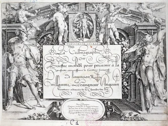 Französische Kalligraphie: Technographie, Frontispiz von Guillaume Le Gangneur um 1599. Historische Bibliothek der Stadt Paris.