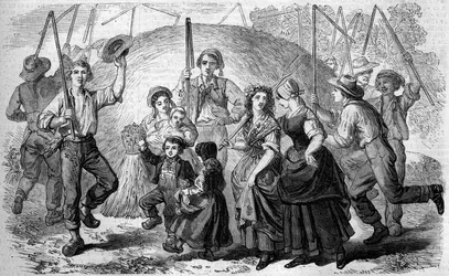 Französischer Brauch: Lieder und Tänze der Bauern um die letzte Buchweizengarabe der Ernte. Condé-sur-Noireau, Calvados
