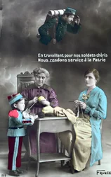 Französische patriotische Postkarte, die die Rolle der Frauen während des Ersten Weltkriegs 1914-18 darstellt, 1915
