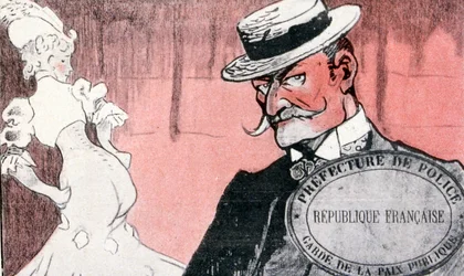Französische Polizei überwacht eine Prostituierte vor ihrer Verhaftung. Frankreich im 19. Jahrhundert. Französische Illustration 1890