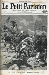 Französische Soldaten im Sudan: Mai 1898. Plünderung von Sikasso durch Oberst Audeoud (Sudan). Die Eroberung von Sikasso. Titelblatt von „Le petit Parisien“ vom Juni 1898