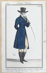 Frack mit Strohhut, Nankeen-Hosen und weichen Stiefeln, 1819