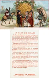 Vorder- und Rückseite einer Werbekarte für das Getränk Chicorée à la Bergère mit Darstellungen des Lebens in Wales, ca. 1890