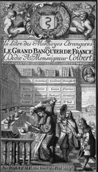 Frontispiz des „Livre des monnoyes étrangères ou le grand banker de France“ (1687) von François Barrême (1638-1703), französischer Mathematiker. Die schreibende Figur ist wahrscheinlich ein Porträt des Autors. Gravur in „Le Magasin pittoresque“