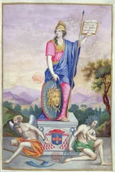 Frontispiz allegorische Illustration der Göttin Minerva aus Les Panegyriques des Hommes Illustres de Notre Siecle von Puget de la Serre, 1655