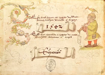 Frontispiz aus Recueil de chants religieux et profanes IX, Darstellung eines Mannes mit Brille, der ein Blasinstrument spielt und einen Vogel auf dem Kopf hat, 1542