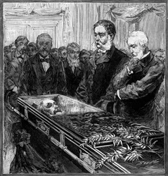Beerdigung von James Abram Garfield (1831-1881), Präsident der Vereinigten Staaten: sein Nachfolger, Chester Alan Arthur (1830-1886) und Sekretär Blain vor dem Sarg unter der Kuppel des Washingtoner Kapitols. Gravur in „Le Monde Illustré“ Nr. 1282 von