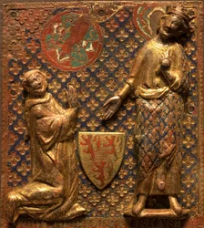Grabplatte: Guy de Meyos kniet vor Saint Louis (Ludwig IX. von Frankreich)