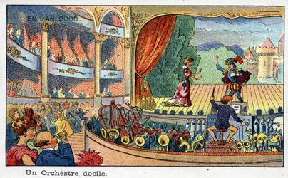 Futuredays: Eine Vision des 19. Jahrhunderts vom Jahr 2000 - Serie „Im Jahr 2000“: Ein fügsames Orchester (Maschinen spielen Musikinstrumente). Chromolithographie von Villemard
