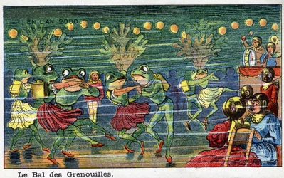 Futuredays: Eine Vision des 19. Jahrhunderts vom Jahr 2000 - Serie „Im Jahr 2000“: Der Ball der Frösche (unter dem Meer). Chromolithographie von Villemard