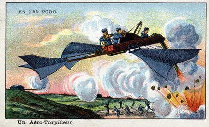 Futuredays: Eine Vision des 19. Jahrhunderts vom Jahr 2000 - Serie „Im Jahr 2000“: Ein Lufttorpedo - Chromolithographie von Villemard