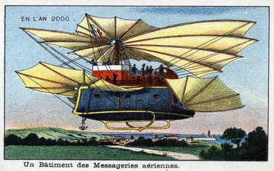 Futuredays: Eine Vision des 19. Jahrhunderts vom Jahr 2000 - Serie „Im Jahr 2000“: Ein Gebäude der Luftpost - Chromolithographie von Villemard