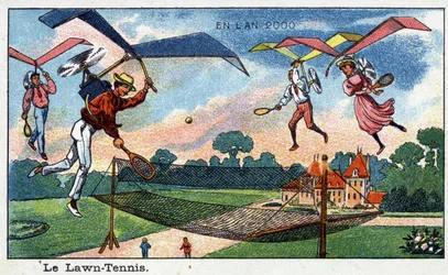 Futuredays: Eine Vision des 19. Jahrhunderts vom Jahr 2000 - Serie „Im Jahr 2000“: Rasen-Tennis - Chromolithographie von Villemard