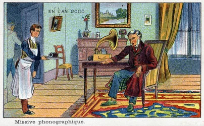Futuredays: Eine Vision des 19. Jahrhunderts vom Jahr 2000 - Serie „Im Jahr 2000“: Fotografische Nachricht. Chromolithographie von Villemard