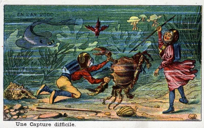 Futuredays: Eine Vision des 19. Jahrhunderts vom Jahr 2000 Serie: Eine schwierige Erfassung (unter dem Meer). Chromolithographie von Villemard