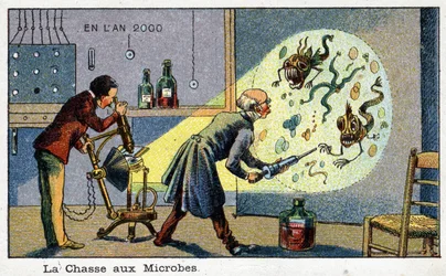 Futuredays: Eine Vision des 19. Jahrhunderts vom Jahr 2000 Serie: Die Jagd auf Mikroben (2 Wissenschaftler entfernen vergrößerte Mikroben mit einer Maschine). Chromolithographie von Villemard