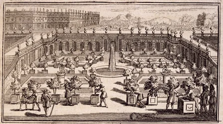Gärtner arbeiten in einem Orangenhain, aus Le Parfait Jardinier, ou Instruction pour les Jardins Fruitiers et Potager, von Jean de la Quintinye, veröffentlicht 1695