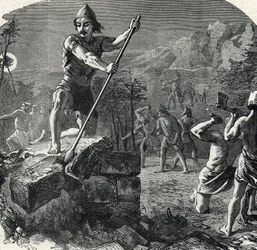 Gideon zerstört den Altar des Baal, der sein Volk in den Götzendienst stürzte. Gravur aus 