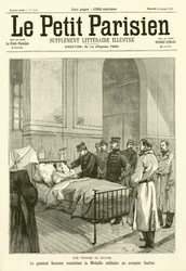 General Saussier verleiht die französische Militärmedaille an einen Feuerwehrmann namens Garbez, der im Dienst verletzt wurde (Gravur)