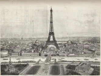 Gesamtansicht der Weltausstellung in Paris 1889 mit dem Eiffelturm vom Trocadero aus, Gravur - Gesamtansicht der Weltausstellung in Paris 1889 mit dem Eiffelturm, Gravur in Le Monde Illustré von 1889