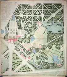 Allgemeiner Plan der Parks der beiden Trianon-Paläste, Versailles, frühes 19. Jahrhundert (Feder & Tinte und Aquarell auf Papier)
